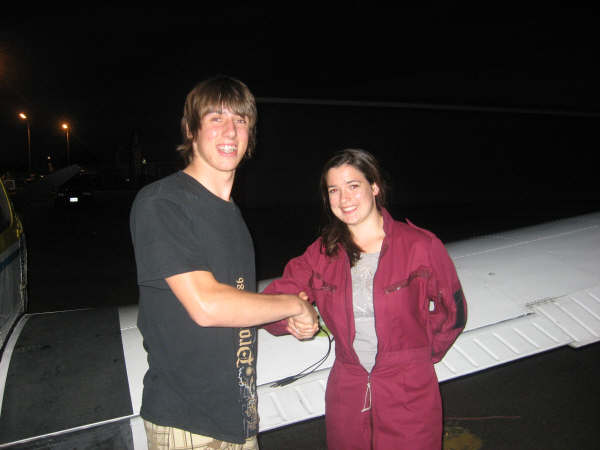 Jonathan Radimaker with Flight Instructor Naomi Jones after the completion of his First Solo Flight on August 22, 2007.  Langley Flying School