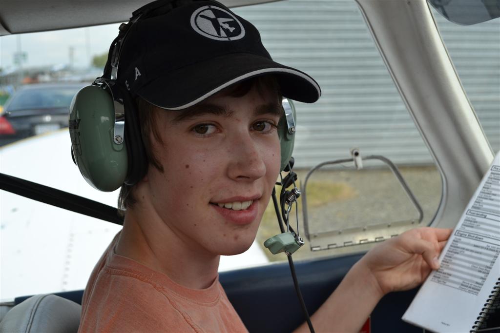 Steven Helston in the cockpit of Cherokee GODP after the completion of his First Solo Flight on August 11, 2011. Langley Flying School.