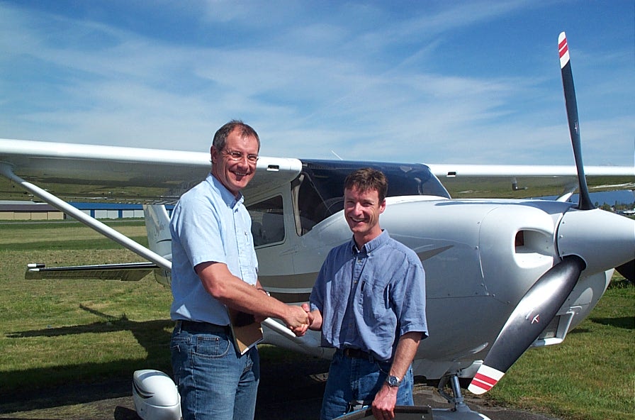 IFR Pilot David Elliott with Pilot Examiner Matt Edwards after the successful completion of the renewal of Dave's Instrument Rating.  Langley Flying School.