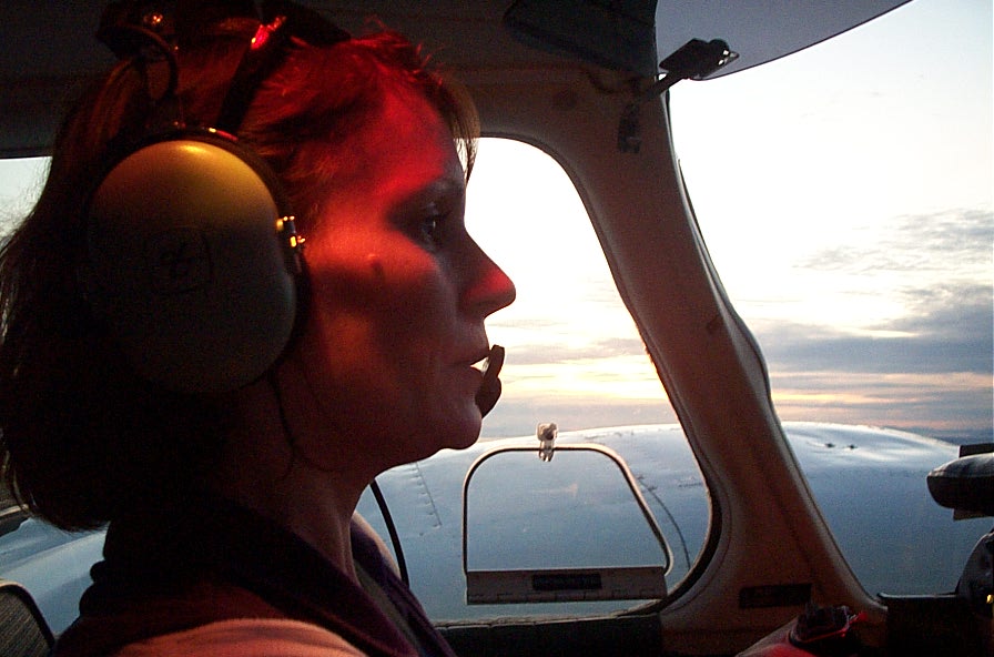 Chistine Parkinson at the controls of Seneca GURW.  September, 2008, Langley Flying School.