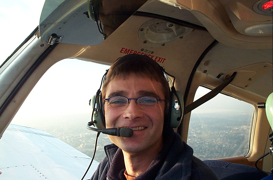 Flight Instructor student Beda Grunther during a training flight over the Strait of Georgia.  December 3, 2008.  Langley Flying School.