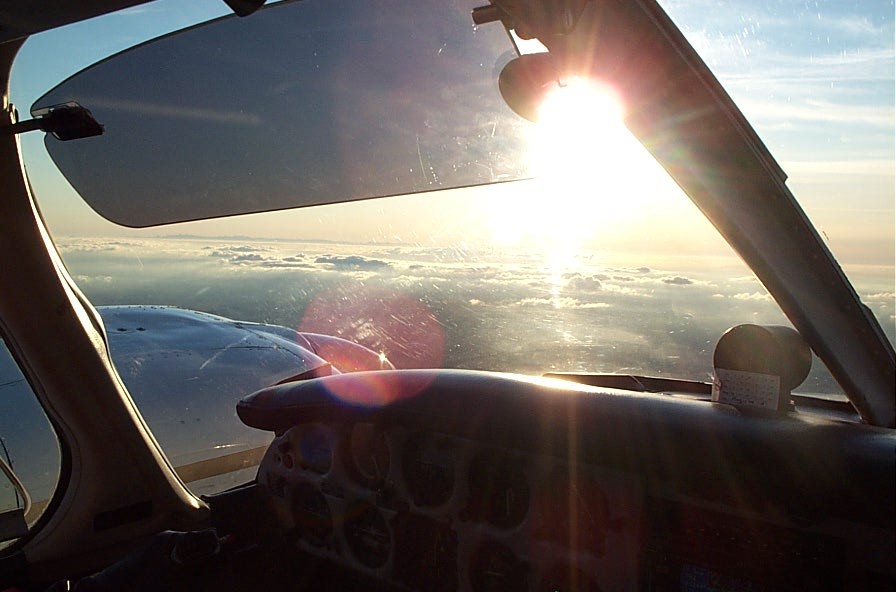 Sunshine over the Stait of Georgia during Michel Lahaie's training flight December 11, 2008.  Langley Flying School.