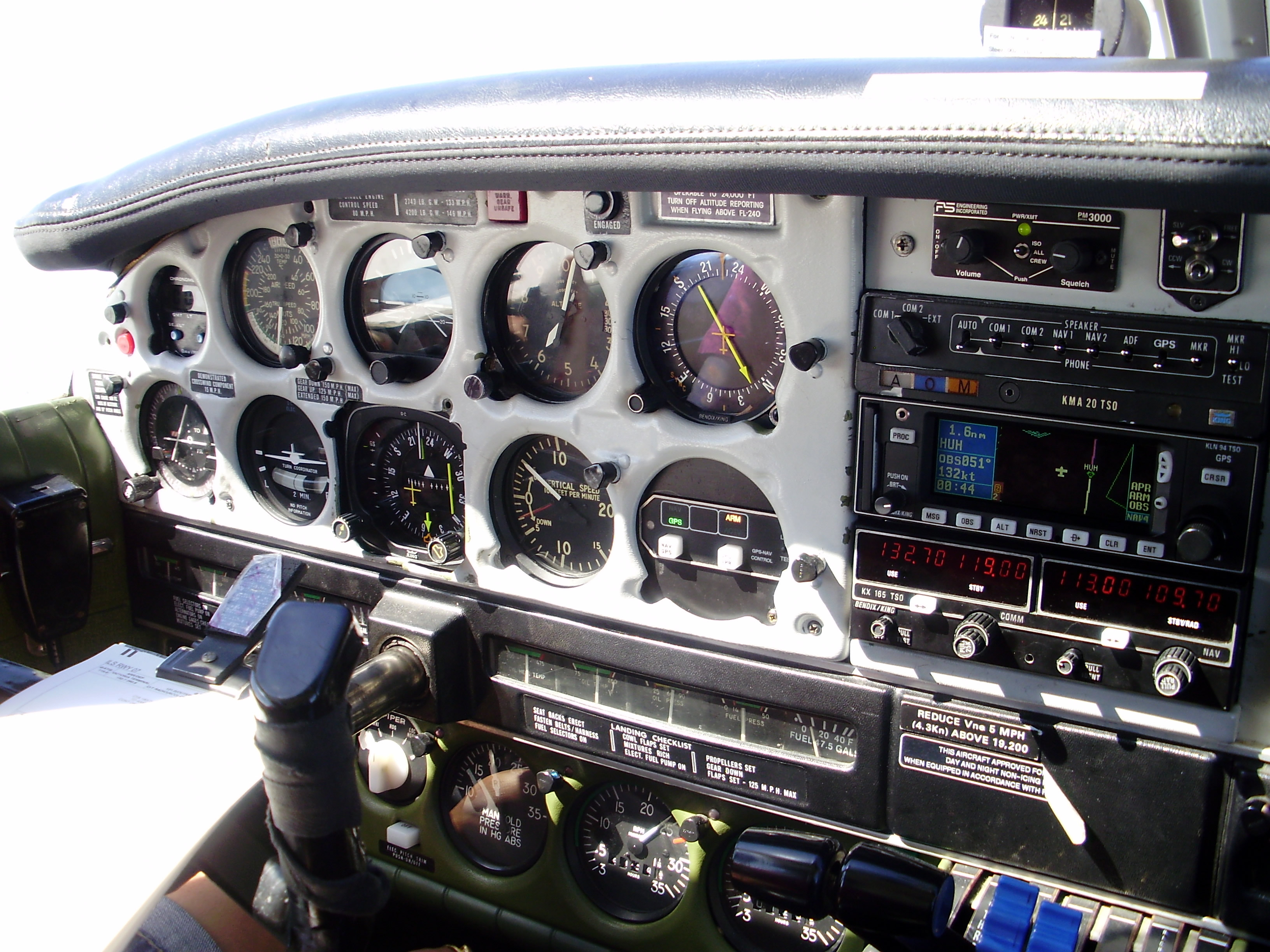The Seneca's Instrument Panel during Sukhmani's IFR training Flight.  Langley Flying School.