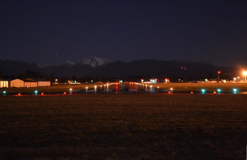 A night shot of Langley Airport's Runway 01.