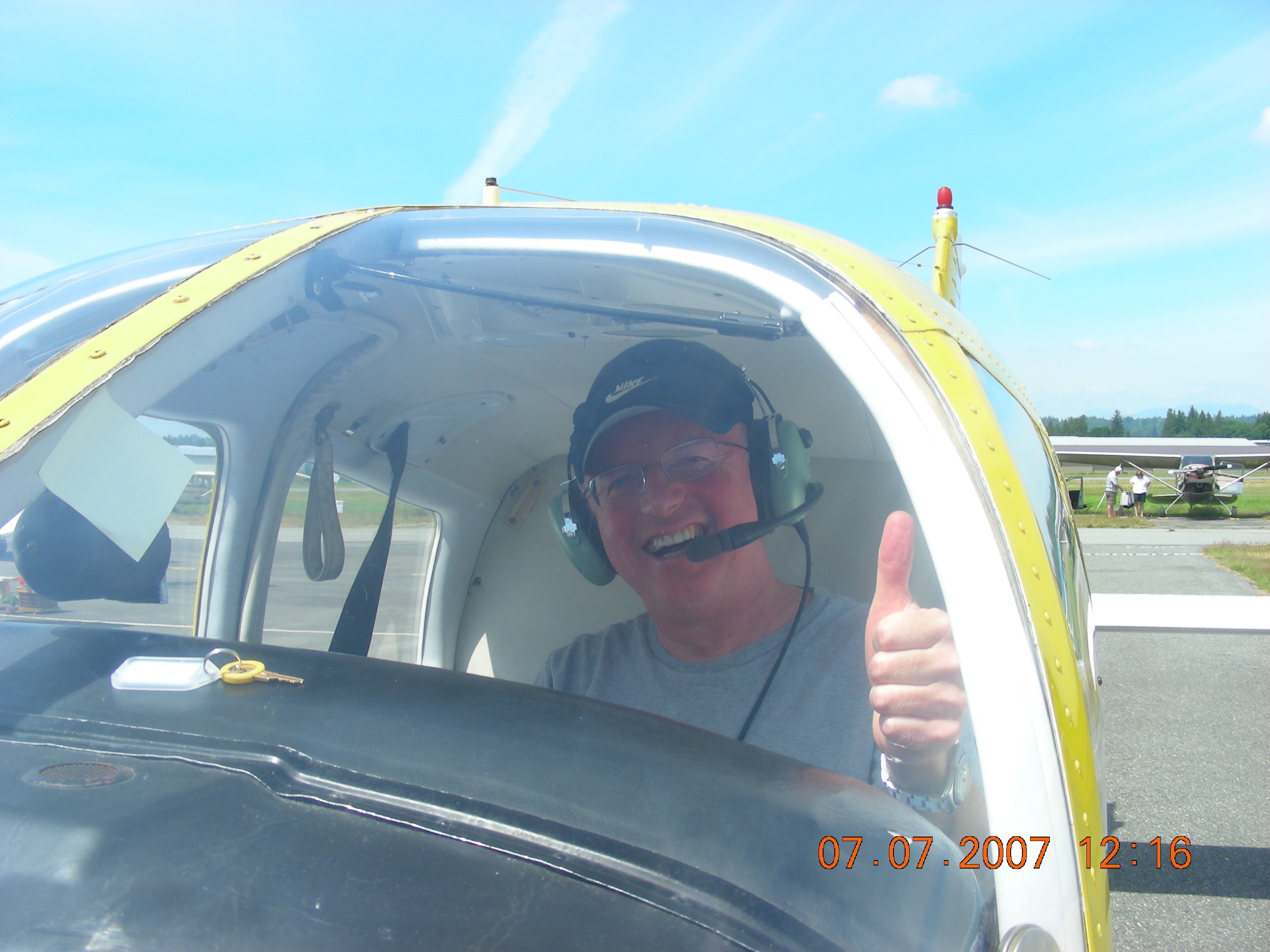Gregg Goodfellow in the cockpit of Cherokee GODP after the completion of his First Solo Flight.  Langley Flying School.