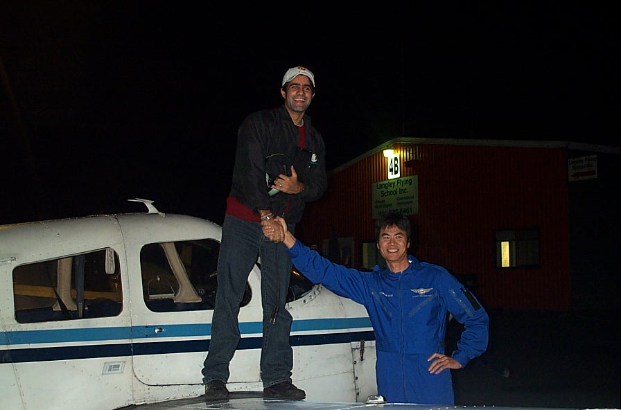 Karn Takkhar on the wing of Cherokee GNIC after the completion of his First Solo Flight on November 4, 2007.  Langley Flying School