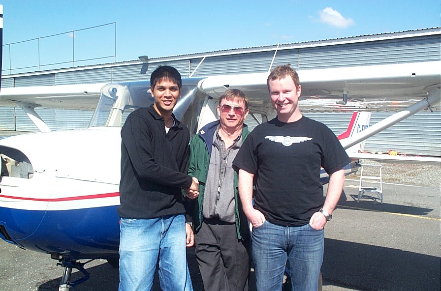 Sagar Canakapalli with Cessna CFPRT after the successful completion of his Private Pilot Flight Test on April 2, 2008 with Pilot Examiner John Laing.  Langley Flying School.